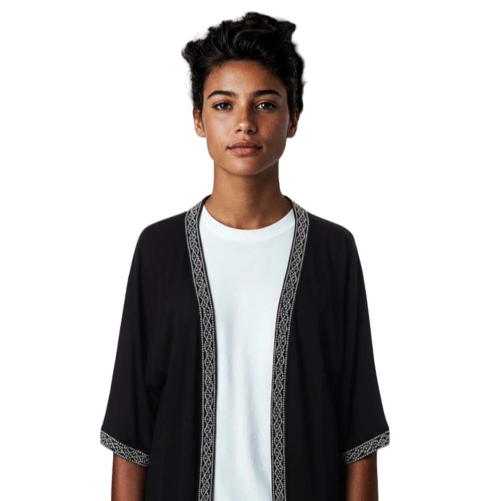 Anthroplogie Leifnotes Black Beaded Embellished Open 1/3 Sleeve Cardigan
